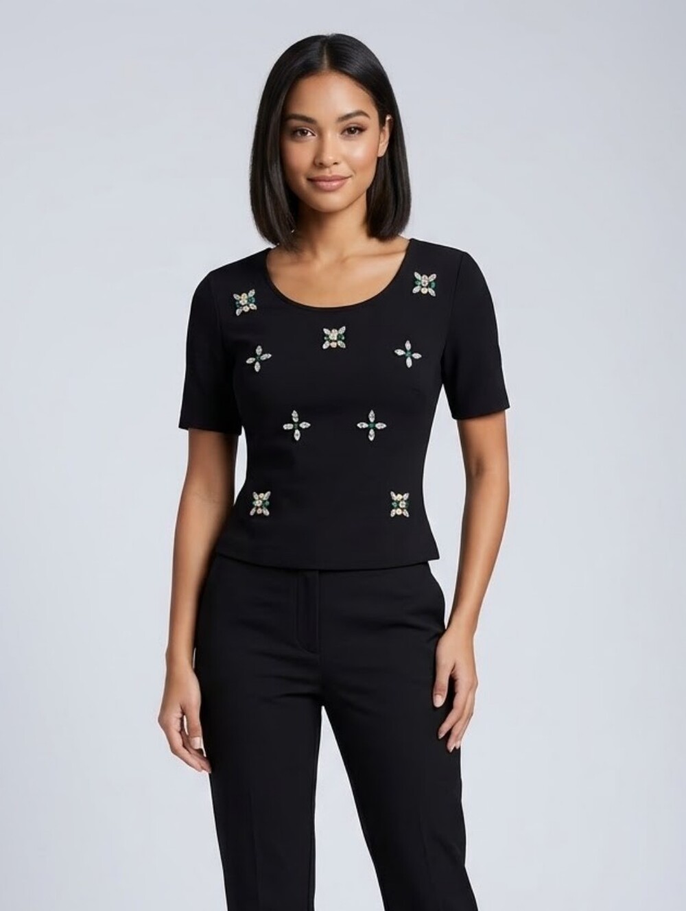 XOXO Black Embellished Short-Sleeve Top with Straight Black Pants